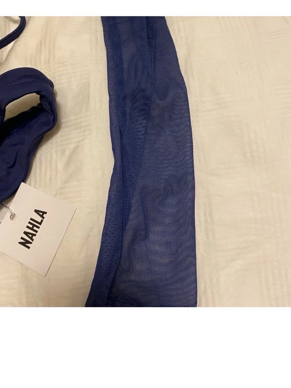💙🤍 NAHLA Navy Triangle Bikini Set with Sheer Long Sleeve Cover